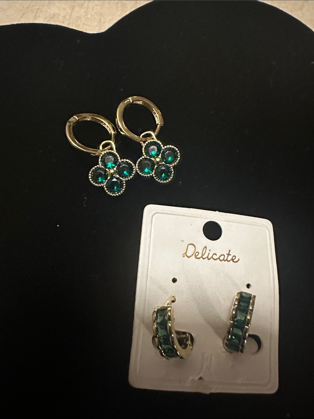 Delicates  Gold-Tone Emerald Green Hoop & flower Drop Earring Set